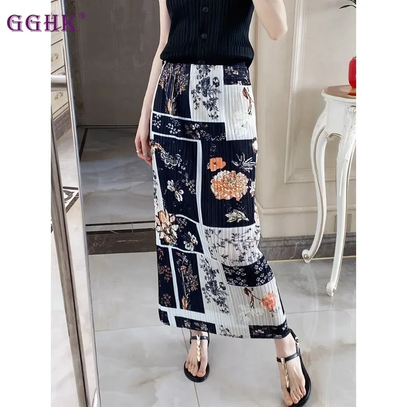 

GGHK Pleated Women Half Skirt 2024 Fall New High Waist Printing Design Loose Large Size Temperament Casual Half Skirt