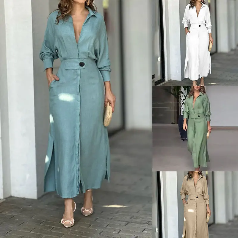 Frühling Sommer Frauen Kleid Plus Größe Weiß Casual V-ausschnitt Revers Langarm Hemd Maxi Kleider Weibliche Tasche Party Lange Robe
