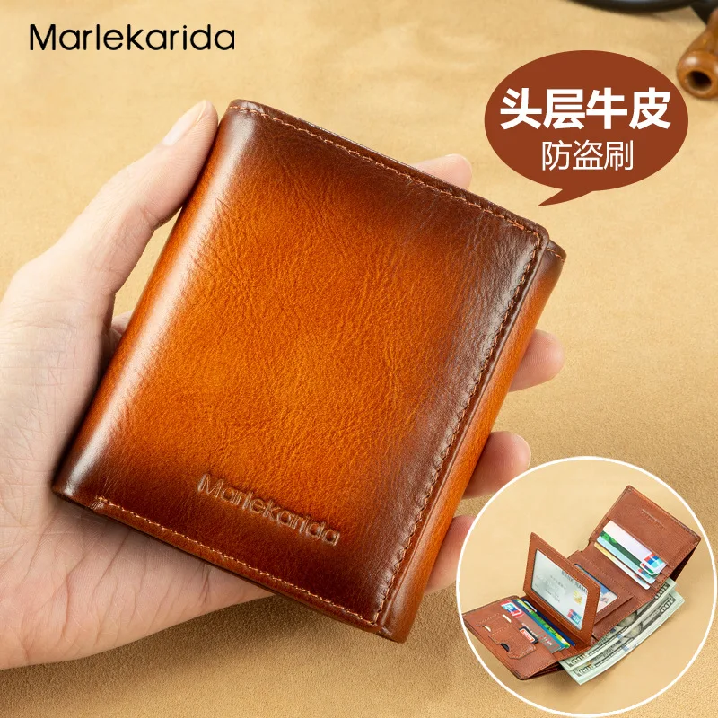 

-Border Brushed Wallet Men's Short Vintage Genuine Leather Trifold Wallet Large Capacity Top Layer Cowhide Men's Wallet