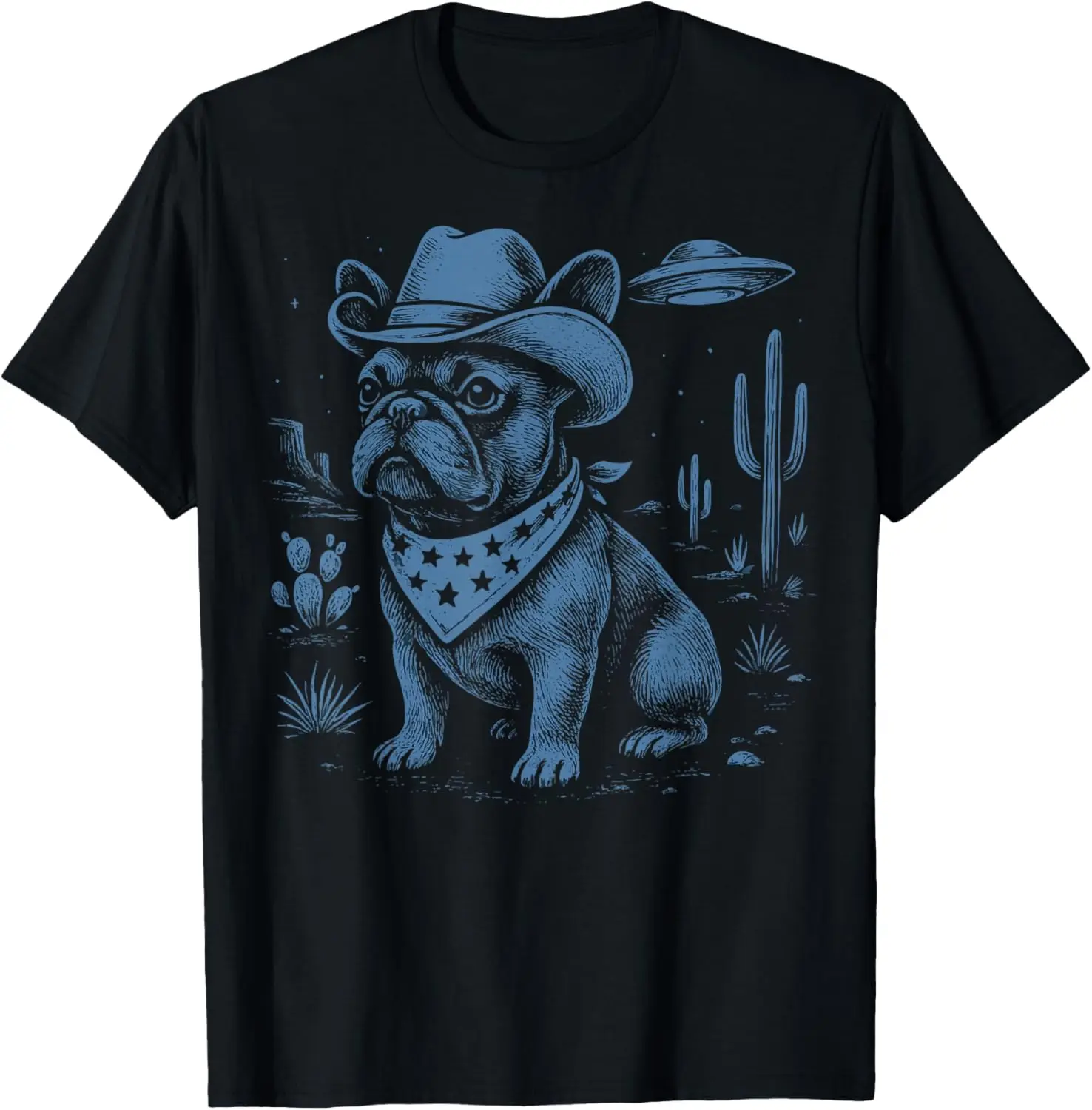French Bulldog Cowboy UFO T-Shirt Custom Printed Graphic T Shirts Unisex Summer Streetwear Tops Camiseta Hombre