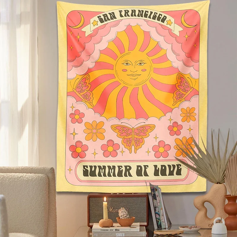 Tapetes de parede estéticos para decoração, tapeçaria suspensa, arco-íris do sol, borboleta, anos 70, retro hippie, florista, dormitório, verão do amor