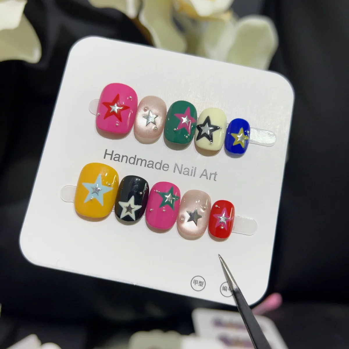 

10PCS Sweet Cool Short Square Round Handmade False Nails Cute Graffiti Stars Patterns Cat Eye Press on Nails Full Cover Wearable
