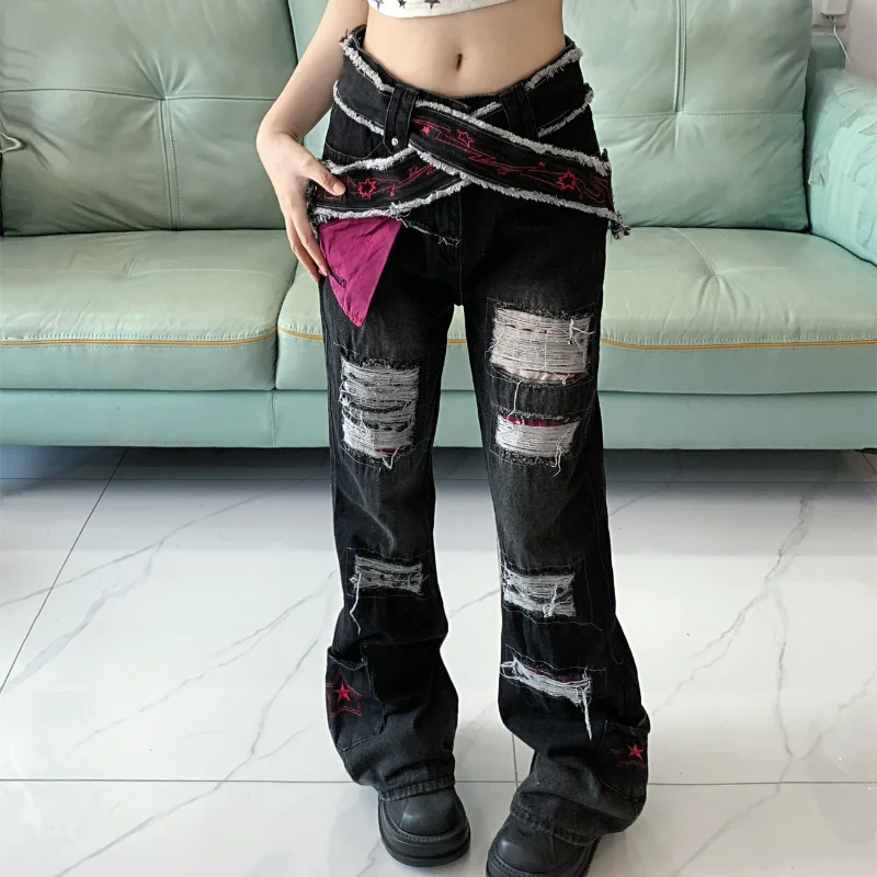 American Spice Girl Y2K High Street Broken Small Popular Design Micro La Jeans Female Abby anime Fashion Denim Pants