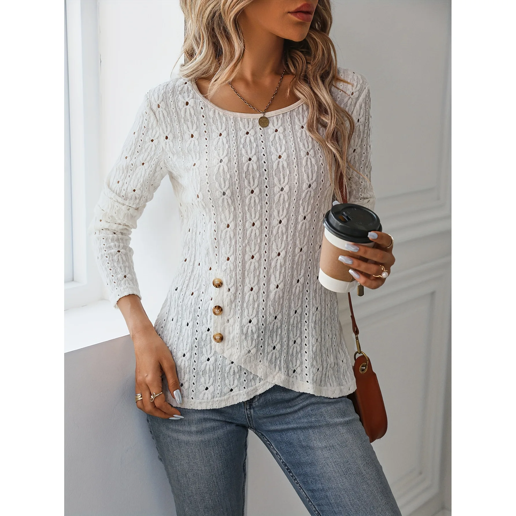 Fashion O-neck Long Sleeve White Lace Tops And Blouse Women 2024 Spring Hollow Out Knitted Blouse Top Femme Shirt For Women