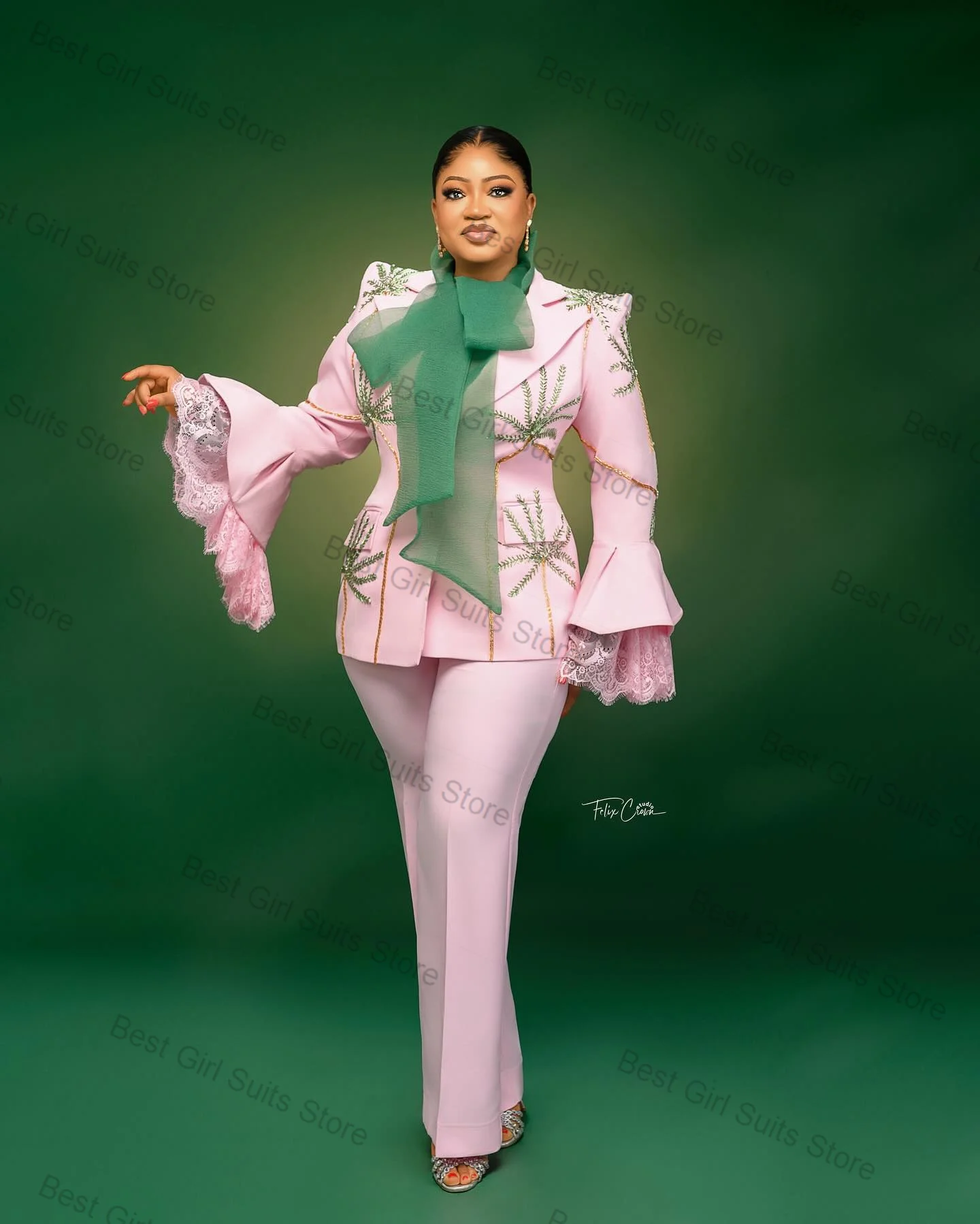 핑크 여성 정장 바지 세트 2 조각 블레이저 + 바지 녹색 페르시 공식 오피스 자켓 플레어 슬리브 맞춤형 웨딩 턱시도 코트