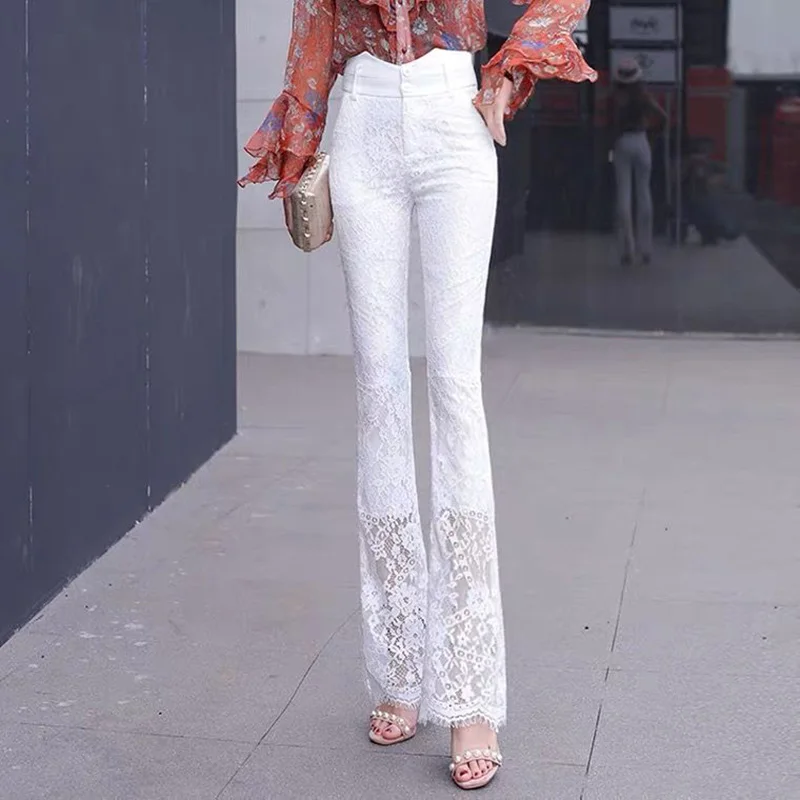 Elegant Vintage Lace Hollow Out Flare Pants for Women 2022 Spring New Office Lady Commuter High Waist Sashes Button Trousers 3XL