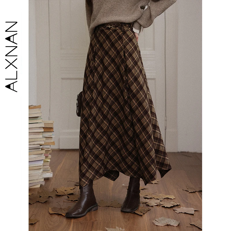 

ALXNAN коричневая клетчатая юбка женская осенняя длинная трапециевидная плиссированная юбка нестандартной формы с высокой талией повседневные элегантные офисные женские юбки L58310