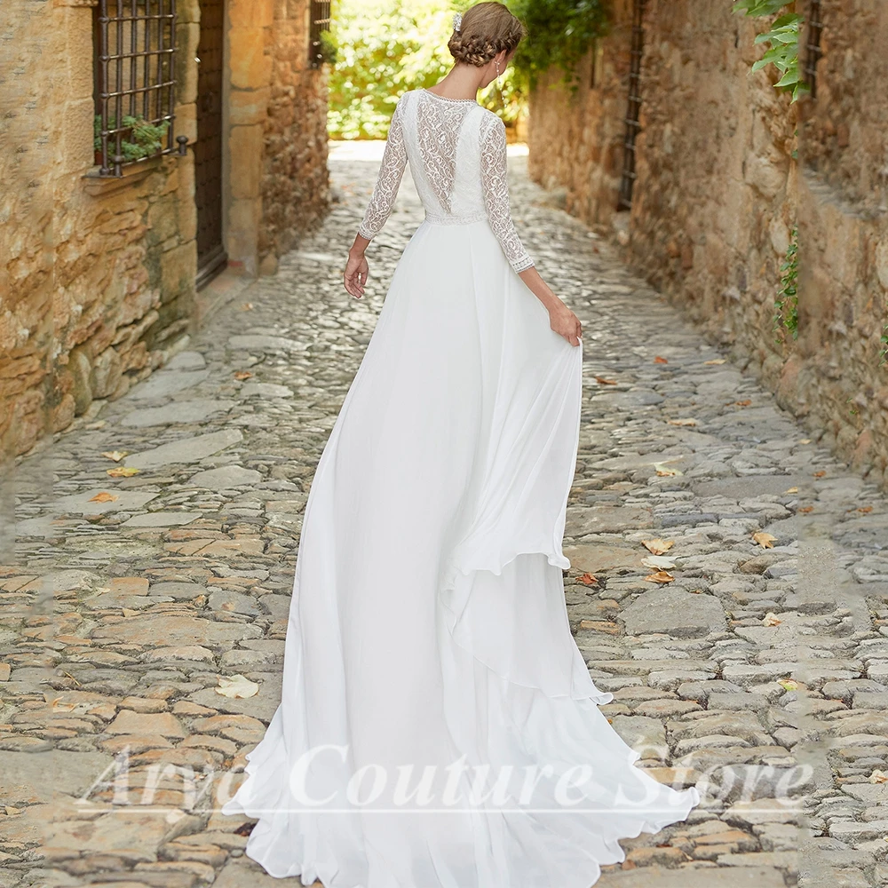 Robe de mariée classique en mousseline de soie, col en v, dentelle, ligne a trois quarts, longueur au sol, avec traîne à balayage, robes de mariage formelles