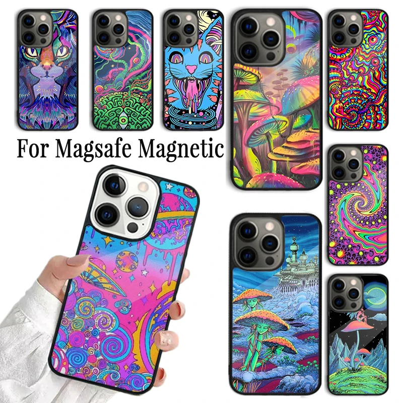 Phone Case For iPhone 16 15 14 13 12 11 Pro Max Plus Magsafe Magnetic Wireless Cover Colourful Psychedelic Trippy Art cat