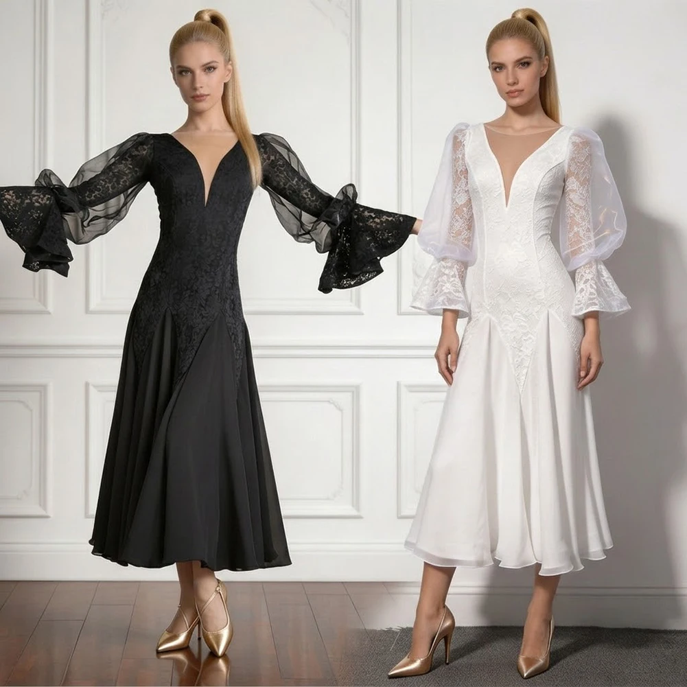 Ladies Elegant Lace White Dress New Elegant Lantern Long Sleeve Jujube Ballroom Dance Backless Black Waltz Dress