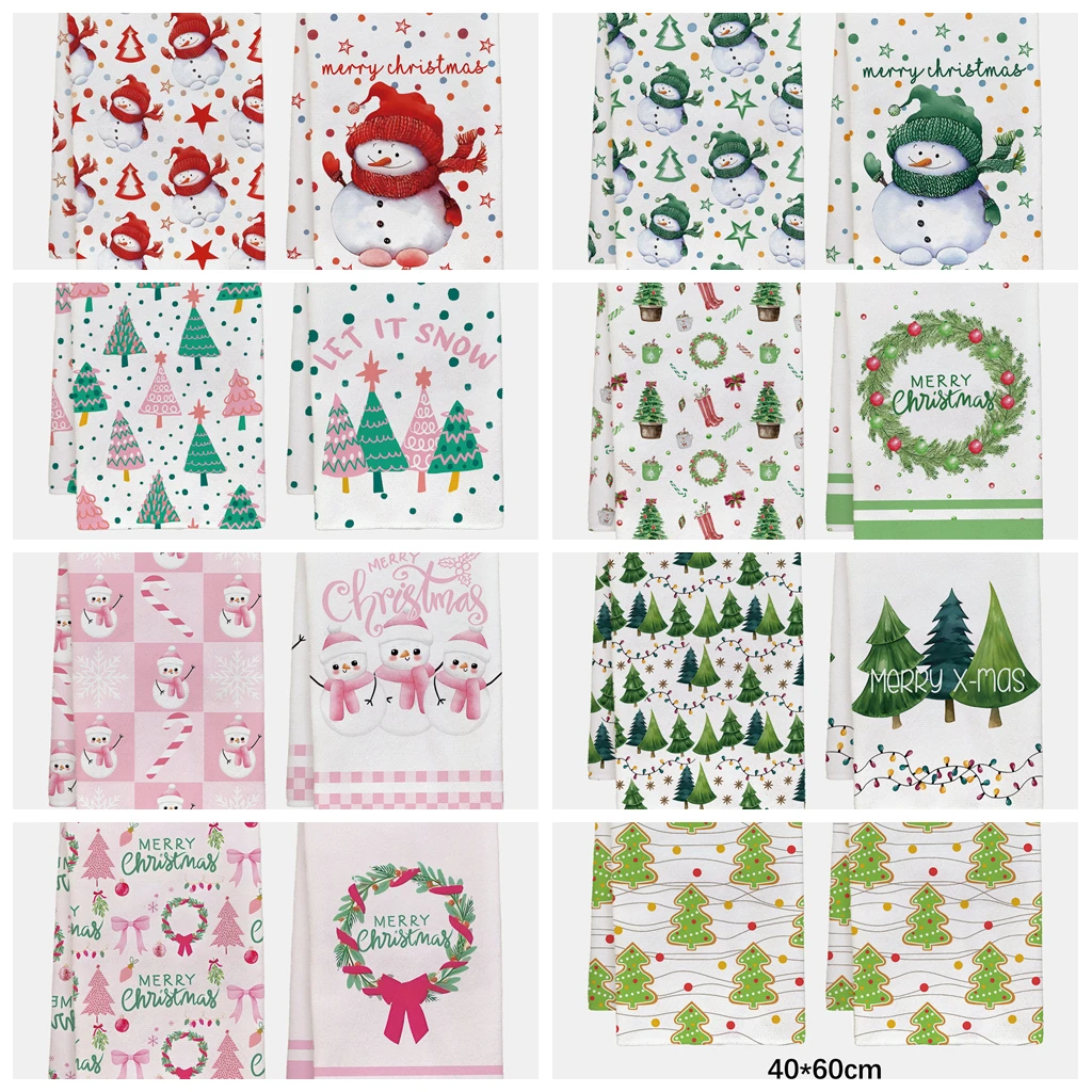 2pcs 40x60cm Christmas Series Tea Towel Kitchen Dishcloth Grid Christmas Snowman Water Cleaning Wash Cloth Gift Merry Christmas