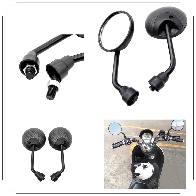 10mm Universal Round Motorcycle Rearview Mirrors Pair, Carbon Fiber Texture Housing Side Rear View Mirror for Electric Bike