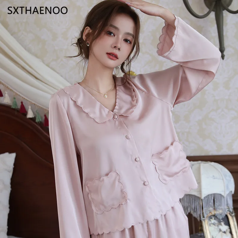 

SXTHAENOO Spring Pijamas Women Set 2 Pieces Pajamas Ice Silk Sleepwear Nightwear Lounge Wear Sleep Tops Pants Pjs Home Suit