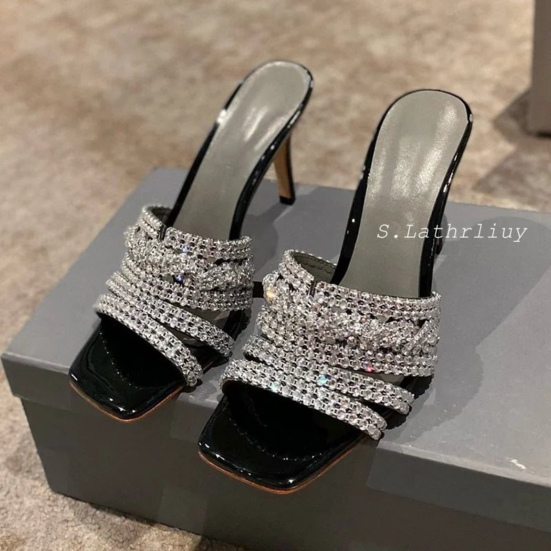 Summer Square Toed Shiny Crystal Thin Heel Slippers Women Sparkling Bling Rhinestone Fashion Sandals Female Banquet Dress Shoes