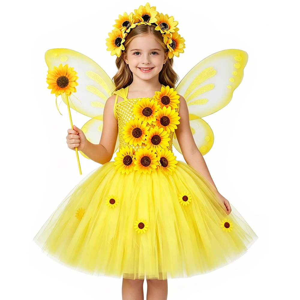Fall Autumn Sunflower Fairy Princess Dress for Girls Thanksgiving Holiday  Party Costume Set Yellow Kids Flower Girl Tutu Dresses - AliExpress 1501