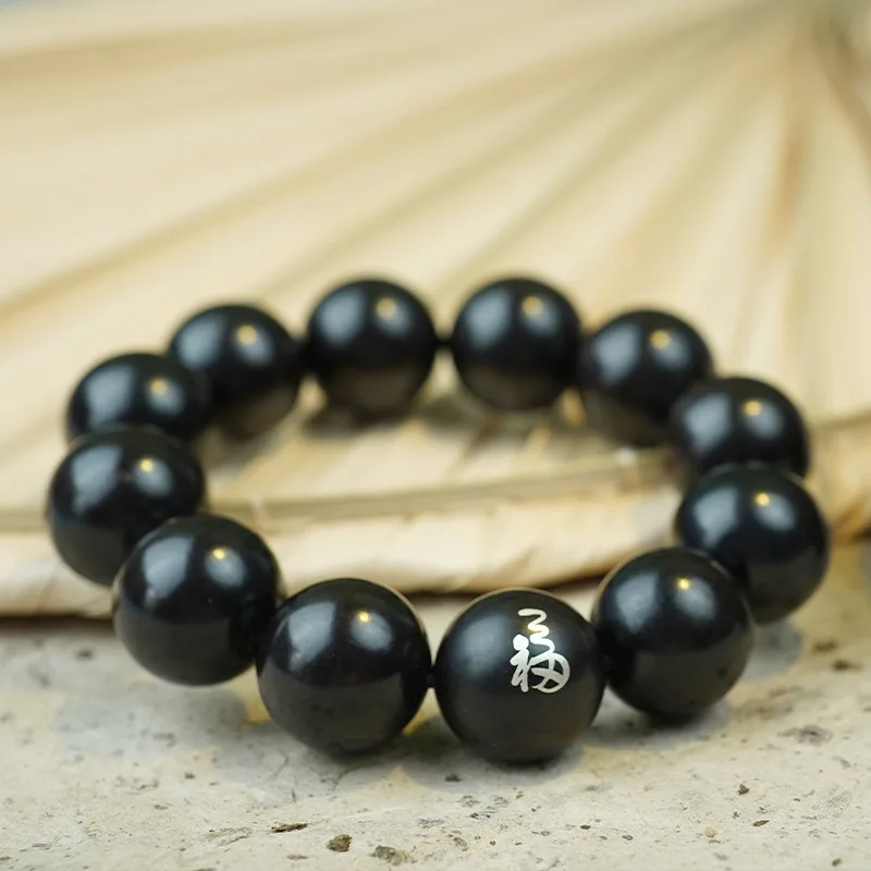 خشب الأبنوس الطبيعي مرصع بقطعة فضية من نص شخصية محظوظة سوار لعب خشب الصندل الأرجواني خرز بوذا على الوجهين