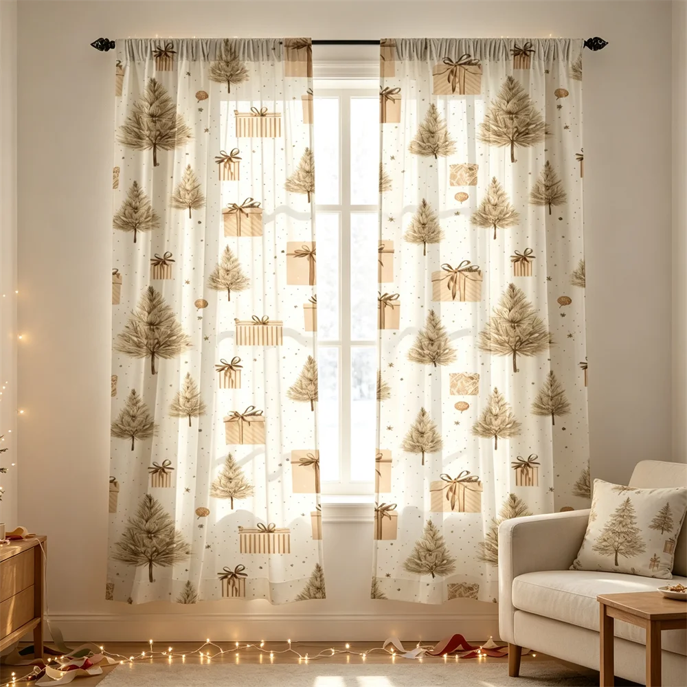 2PCS Christmas Curtains, Line art pine tree gift boxes Print, Bedroom Window Drapes, Rod Pocket Top Polyester, Home Decor