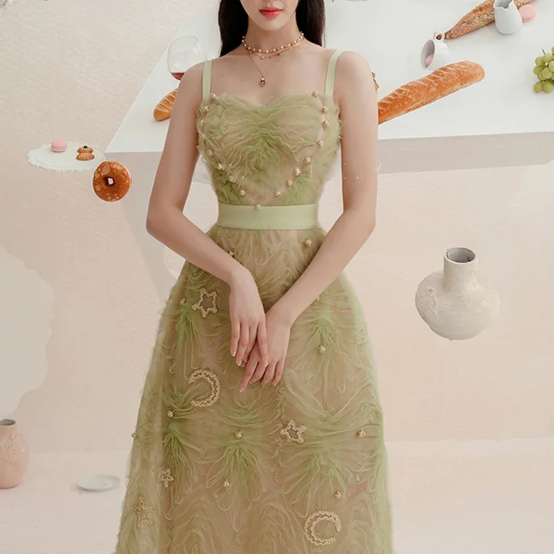 

Зеленое Сетчатое платье для женщин, Винтажная летняя майка, облегающее элегантное вечернее платье на бретелях-спагетти со звездами, роскошное платье