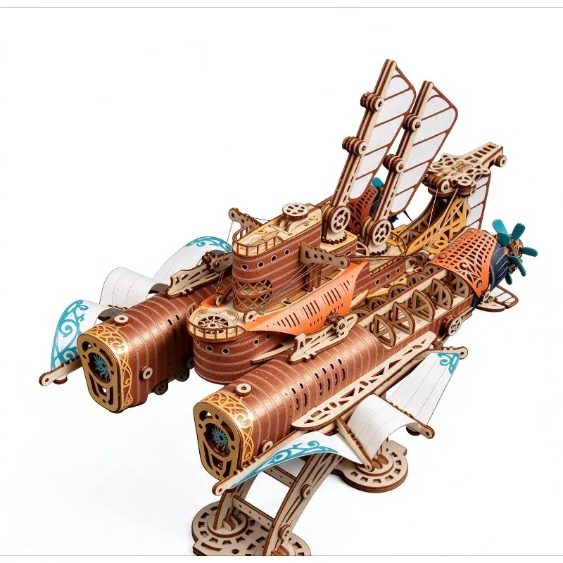 DIY 3D Wooden Puzzle Steampunk Airship Model Building Block Kits Submarine Handicraft Masterpiece Assembly Toy Children Gift