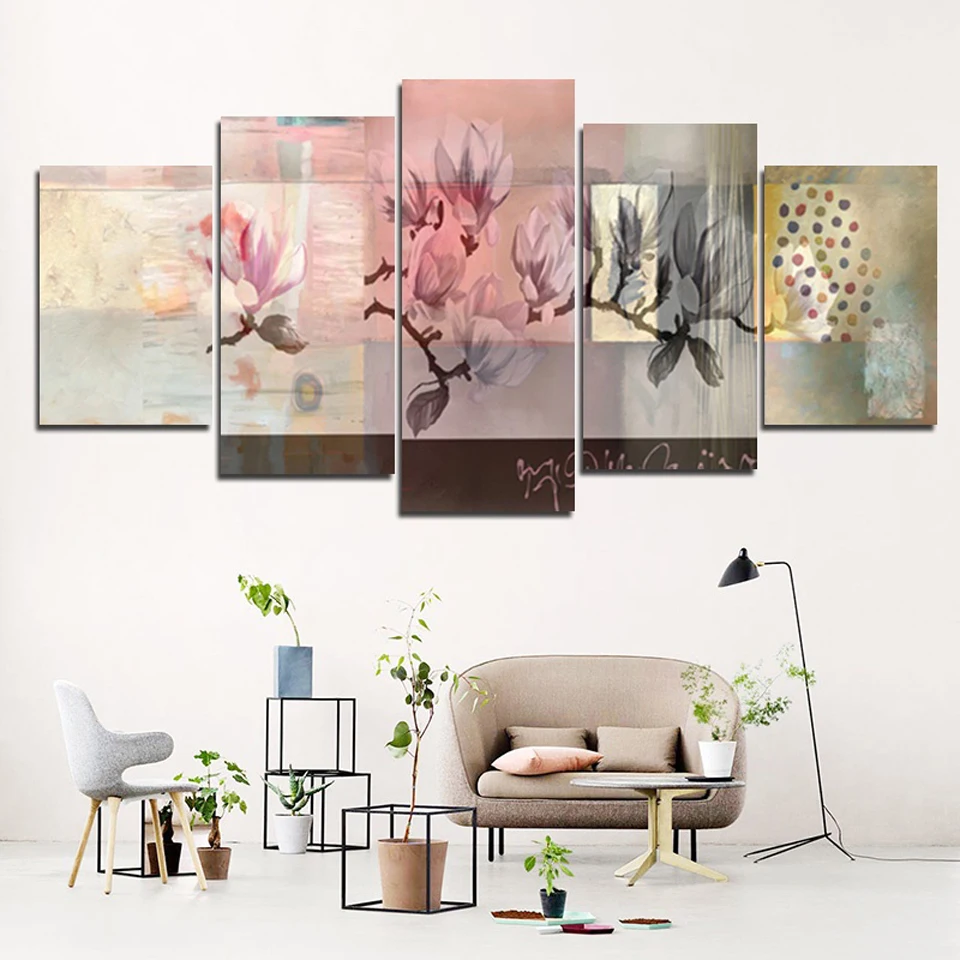 5 Panel 5d Diy Diamond Painting Abstract Flower Magnolia Full Square Round Drill Embroidery Diamond Mosaic Home Decor Art E416