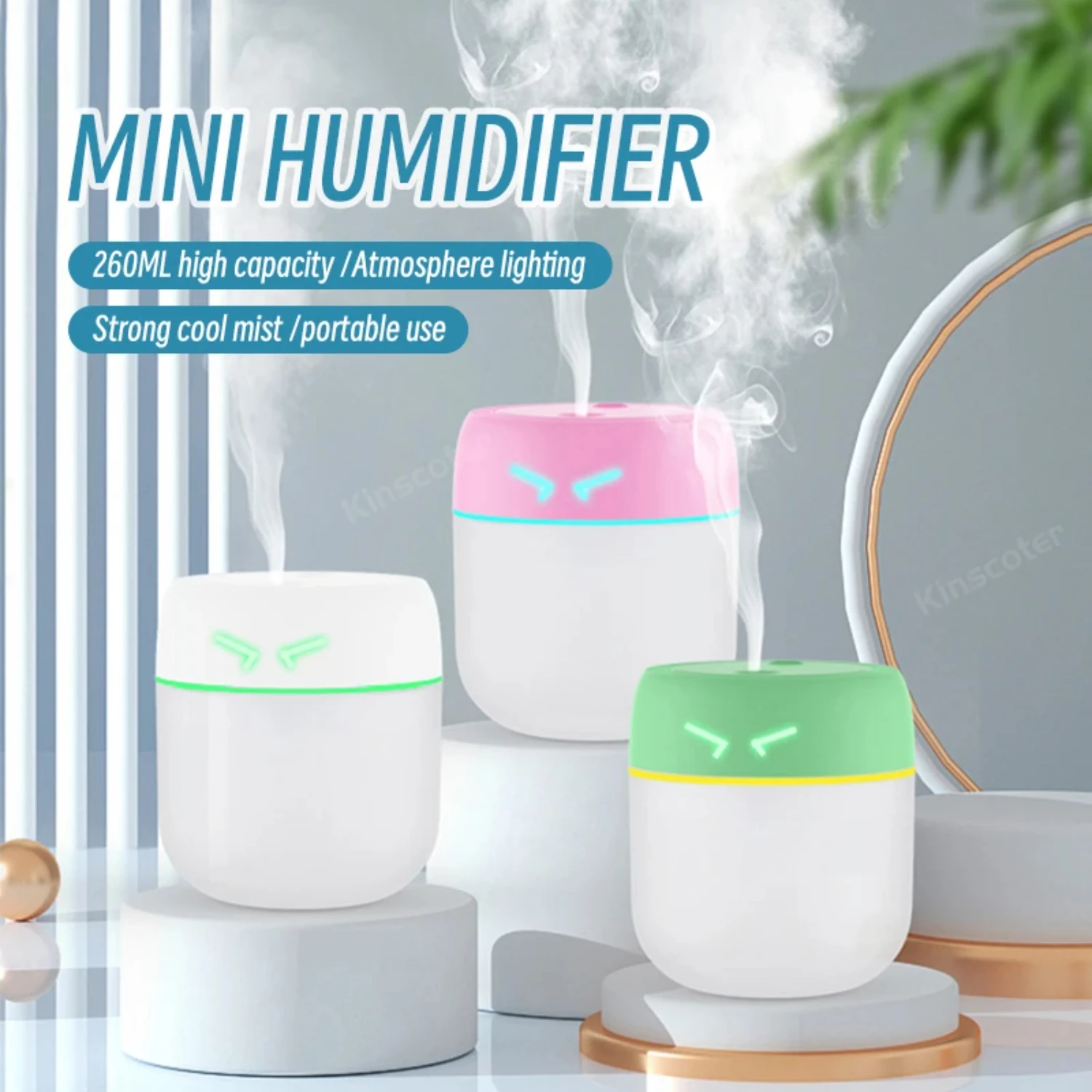 Convenient Mini Portable Compact Ultrasonic Air Humidifier with Romantic Light: 260ML USB Function for Car Purifier - Anion Mist