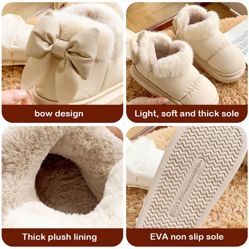 Down Velvet Cotton Slippers with Bow,Winter Indoor Keep Warm Casual Non-slip Soft Sole Plush Shoes,Waterproof Boots