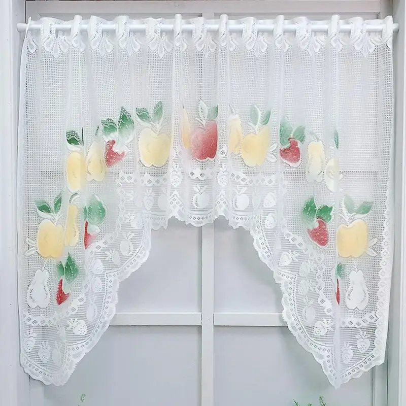 Nordic Style Lace Cafe Curtain Short Window Drapes with Creative Printed Design for Home Kitchen Living Room Decoration Curtains