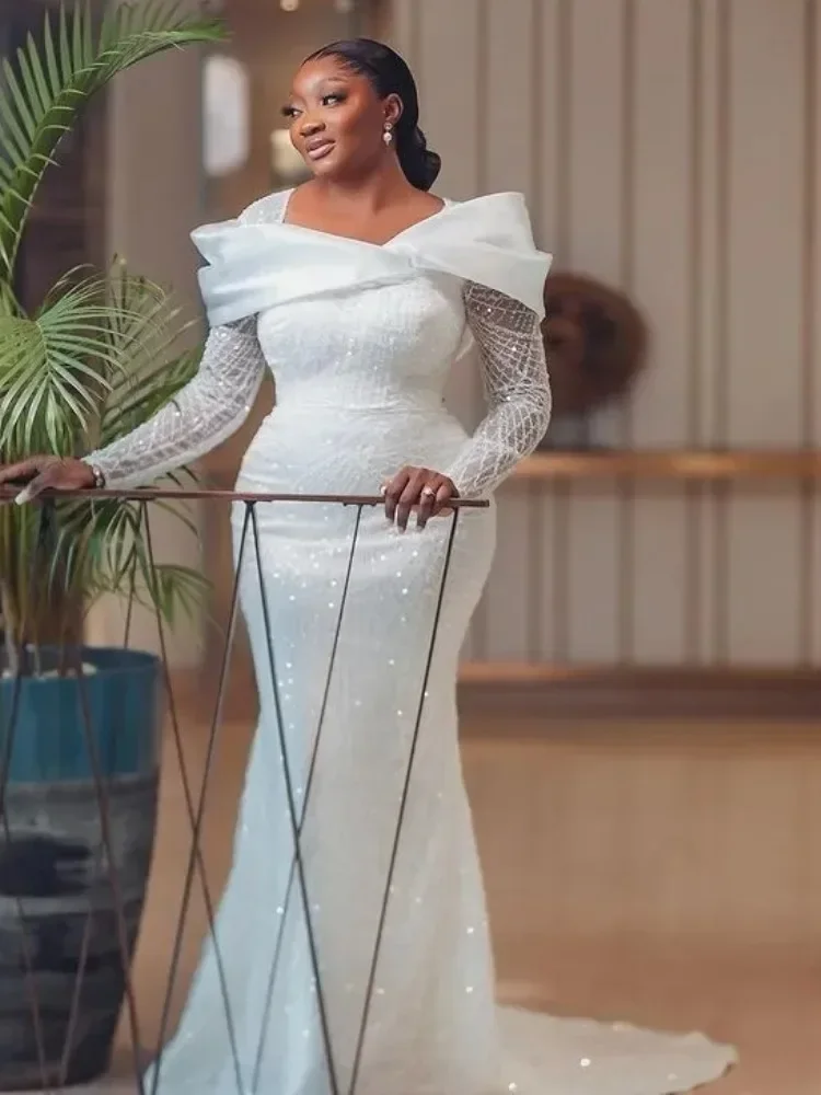 Flavinke Customized African Mermaid Wedding Dresses Long Sleeves Lace Women Shiny Bridal Gowns For Black Girls vestidos de novia