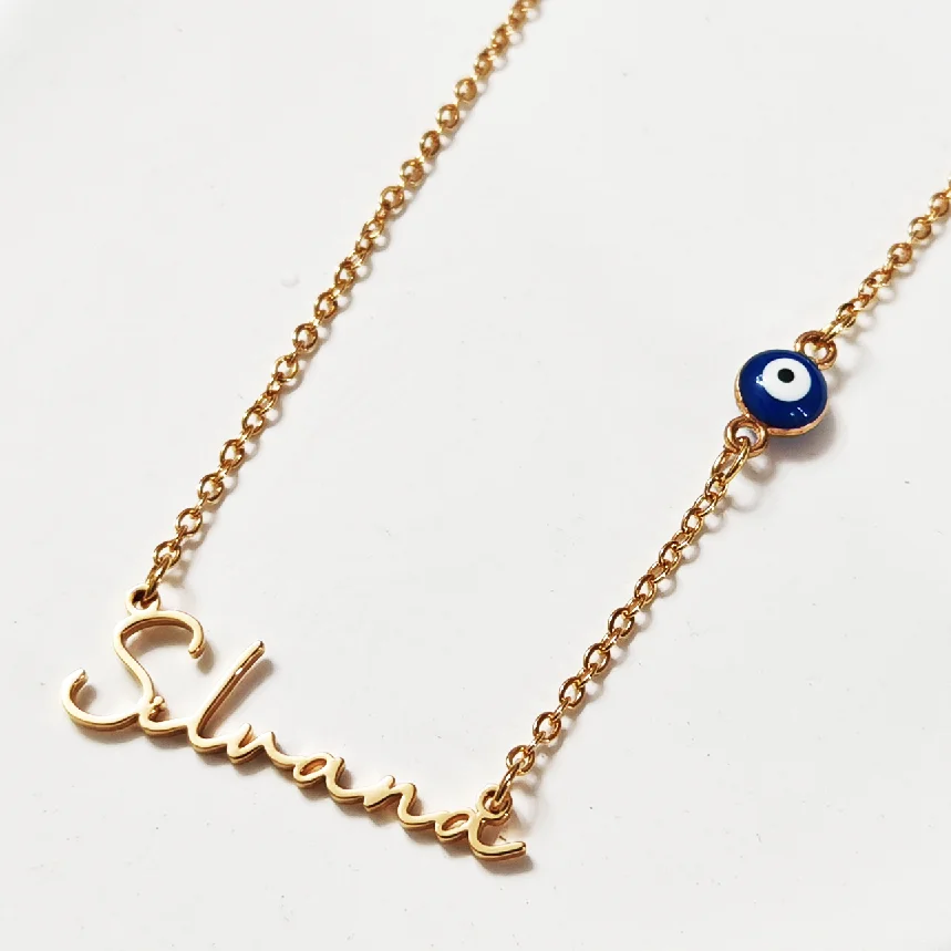 Customized Blue Eyeball Name Necklace Women's Personalized Stainless Steel Nameplate Evil Eyeball Talisman Gift