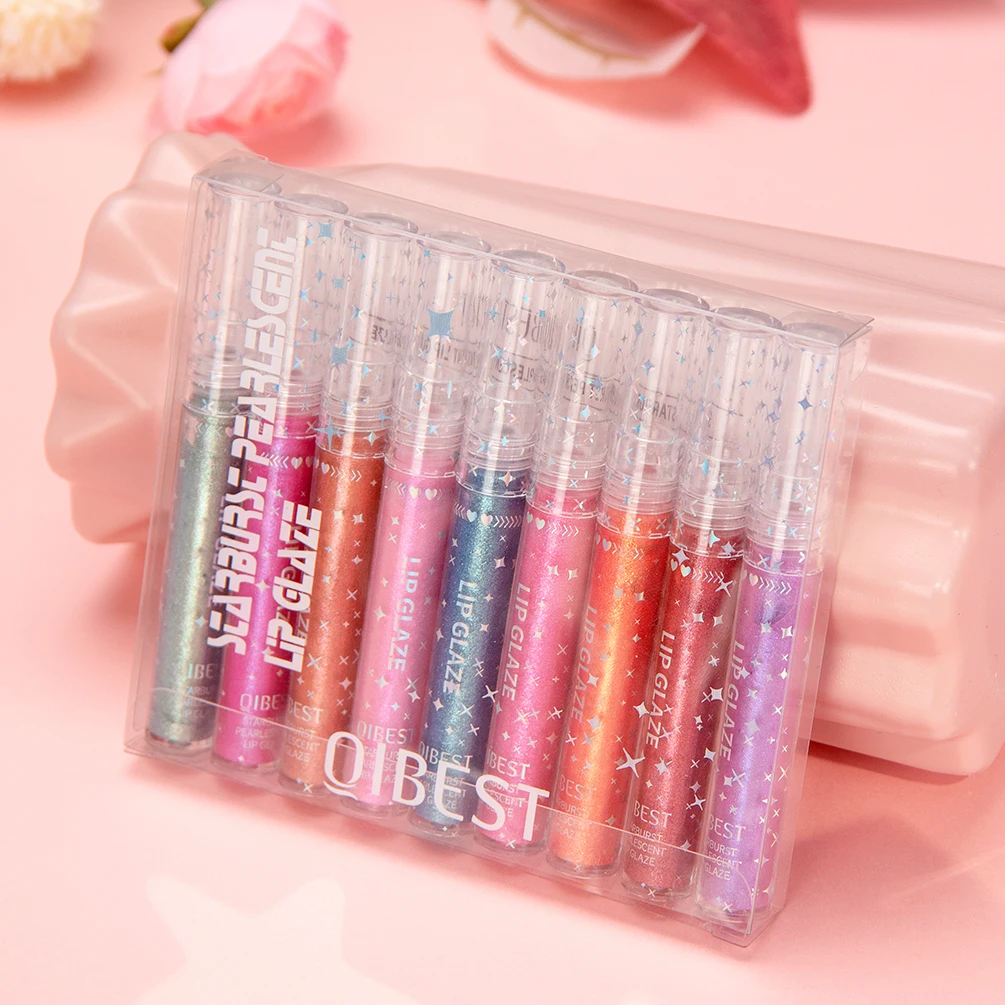 QIBEST 9 Colors Shimmer Lipgloss Set Lasting Glitter Liquid Lipstick Moisturizing Lugminous Lip Gloss Makeup Shiny Lip Glaze Kit