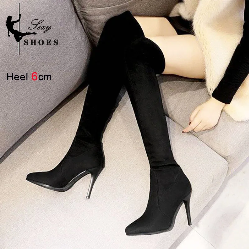 Over-the-knee Long Tube Boots Women\'s New Winter Plush High Heels 6cm 8cm 10cm Black Suede Pointed Toe Thin Heels Party Shoes