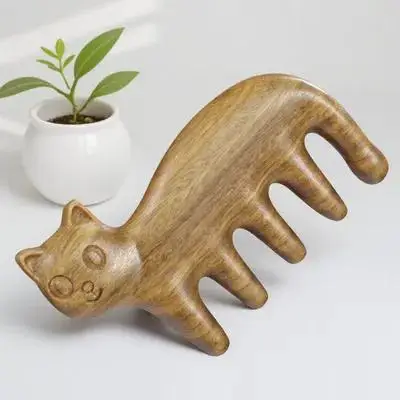 

Массажная расческа в форме кошки, деревянный массажер для головы с широкими зубьями, инструмент для ухода за кожей головы, расслабляющая расческа для массажа кожи головы