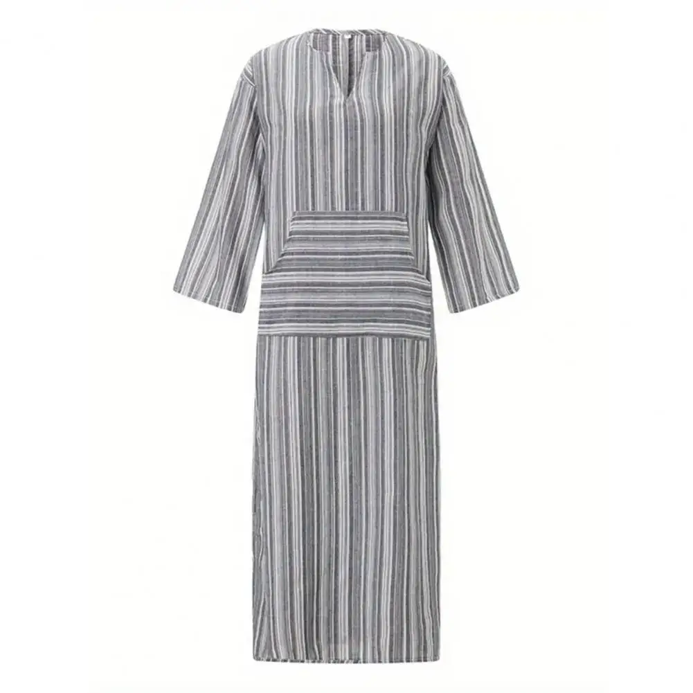 

Women's Summer Boho Striped Cotton Linen Dress Casual Short Sleeve Beach Maxi Dress with Front Pocket Summer Dress with Pockets
