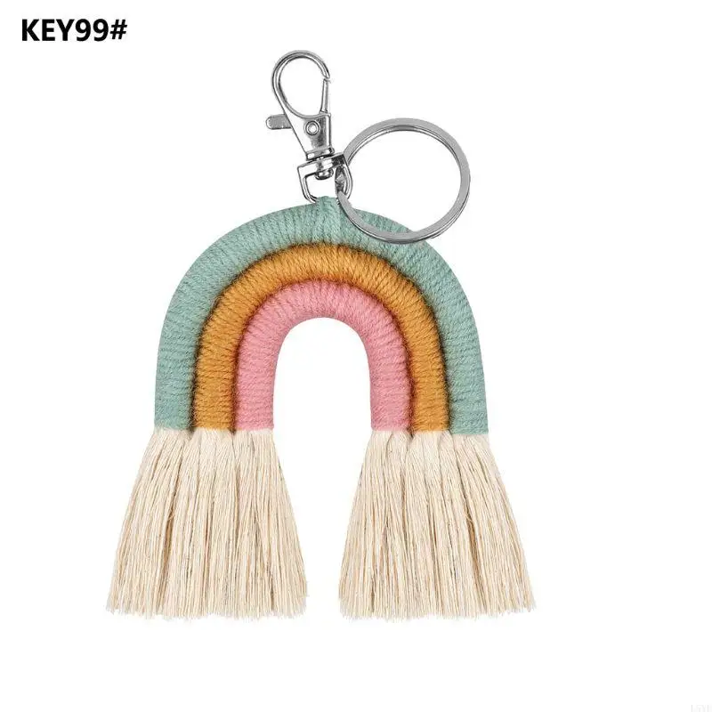 L5YF Lovely Weaving Rainbow Pendant Keyring for Key Chain Women Tassel Macrame Keyrings Bag Charm Car Hanging Jewelry Gift