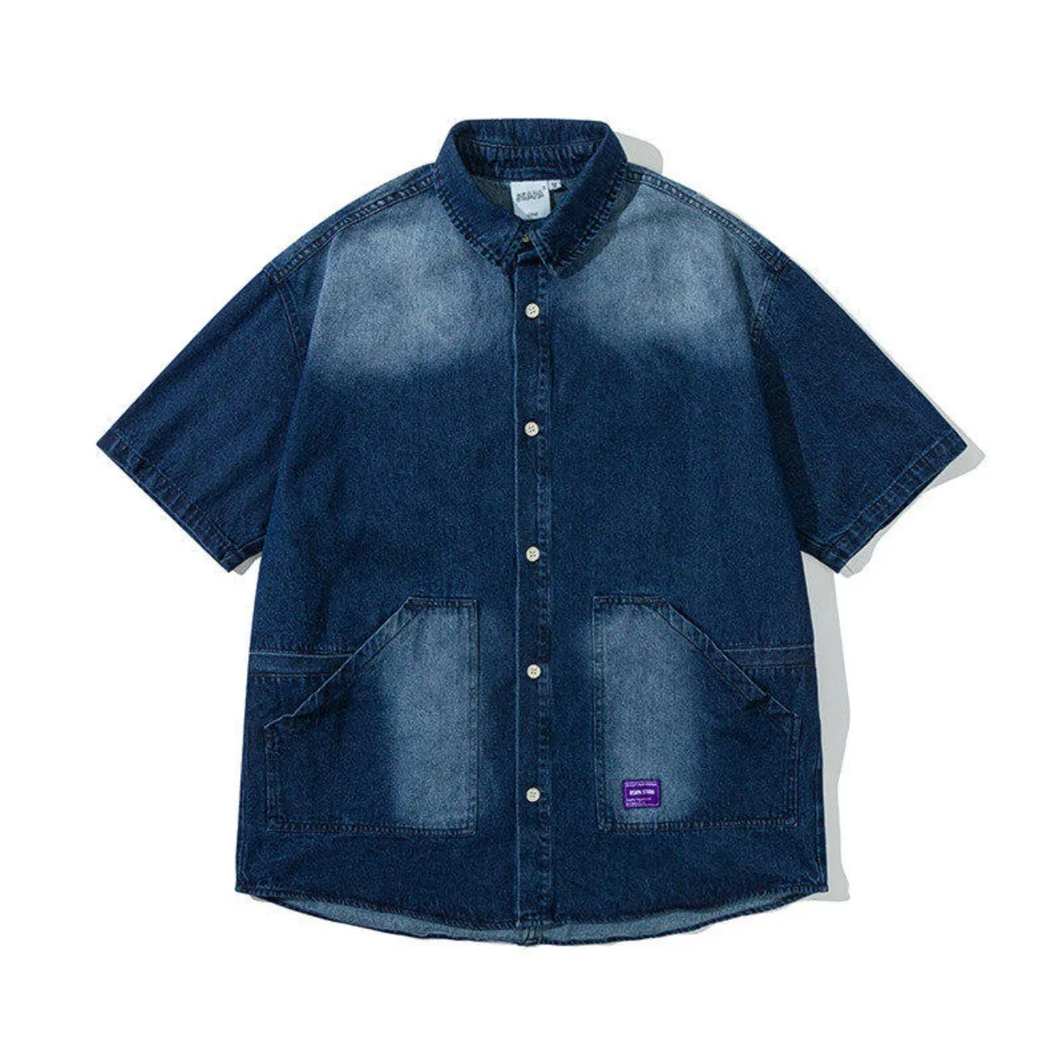 Mountain Style Outdoor American Fashion Patchwork Washed Denim Shorts Loose Casual Shirt for Men and Women