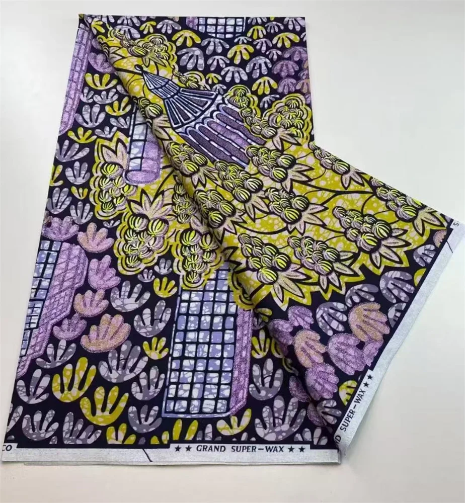 قماش شمع ذهبي أفريقي رائج البيع 100% نسيج قطن خالص، نسيج شمع أفريقي نسائي عالي الجودة، مقاس 5