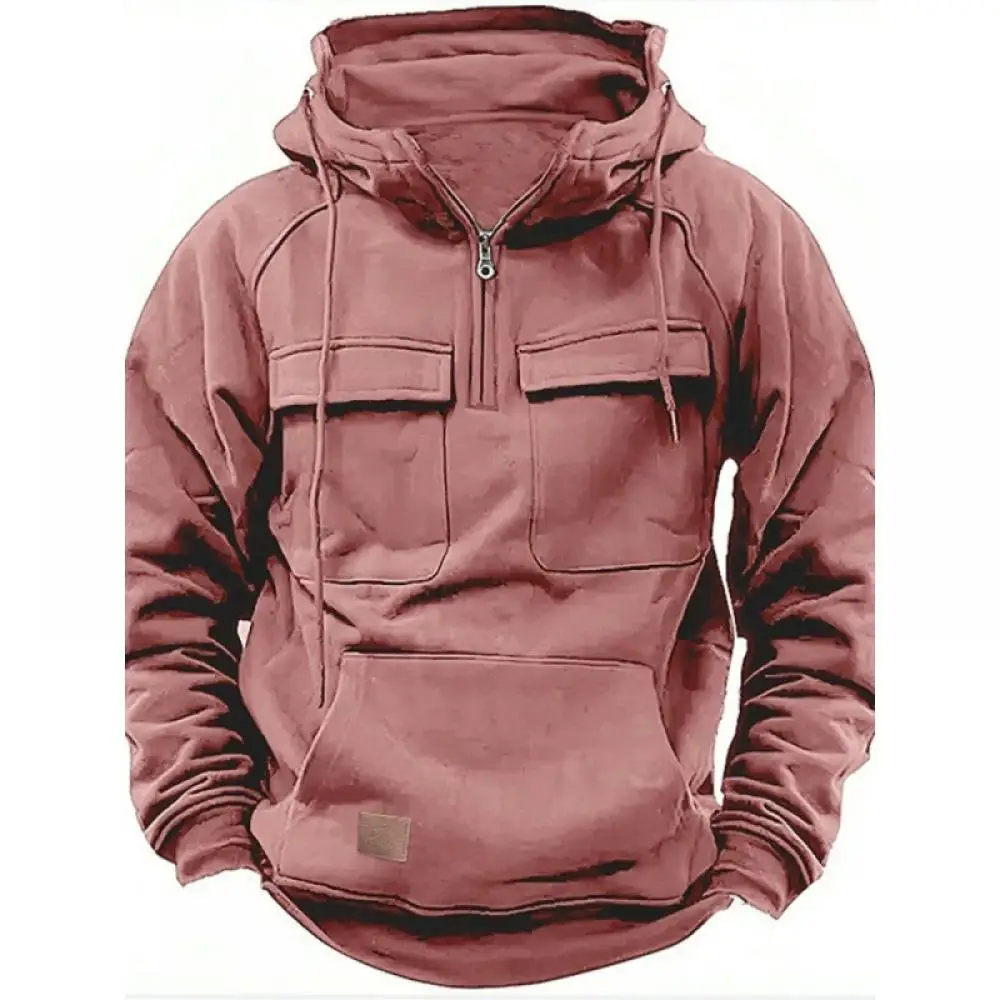 Spring And Autumn New Men's Hooded Solid Color Top European And American Youth Sports Multi-Pocket Sweatshirt Jacket