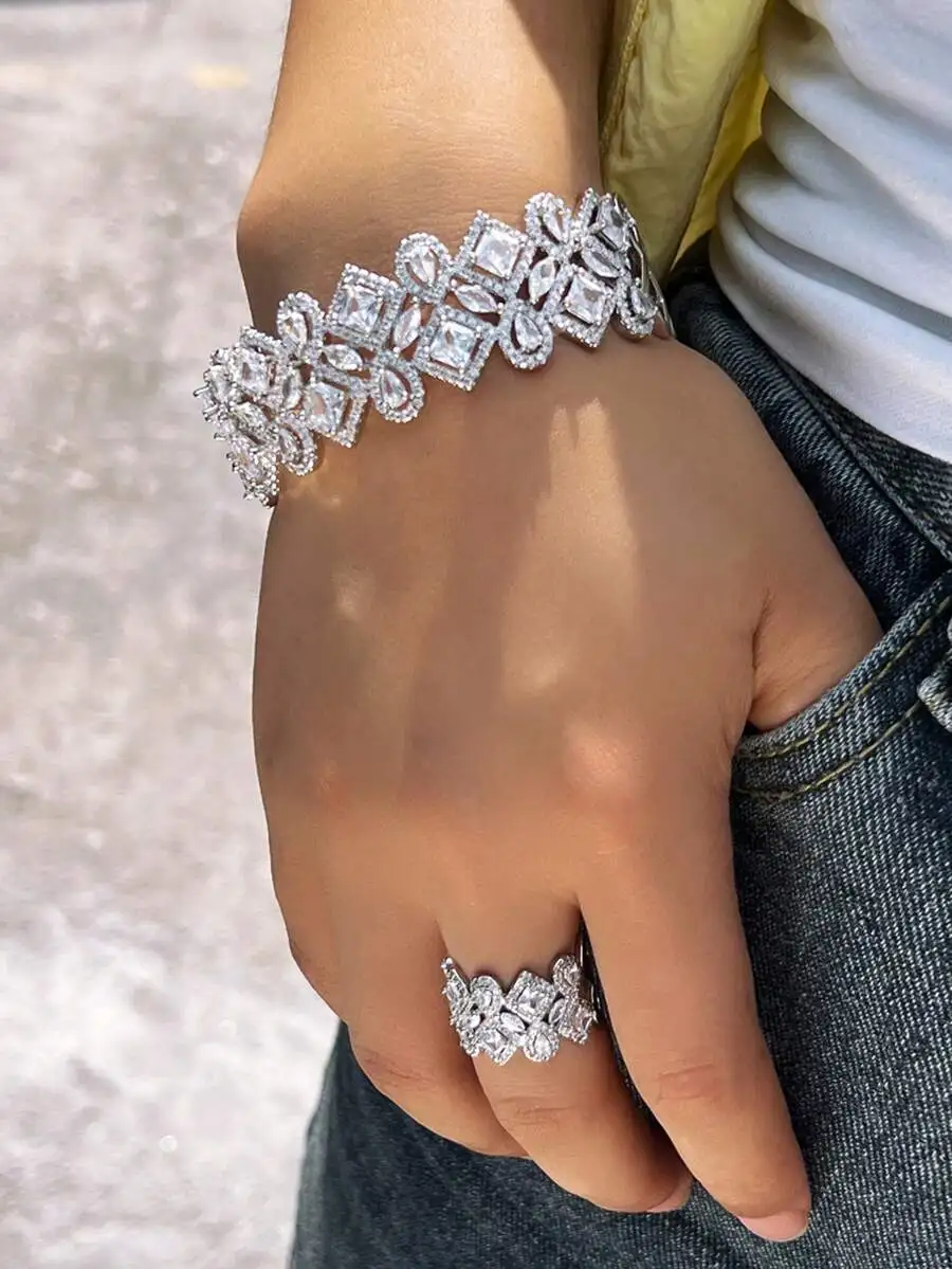 

Stunning 5A Cubic Zirconia Geometric Floral Cuff Bracelet And Ring Set For Women Wedding Bridal Party Accessories