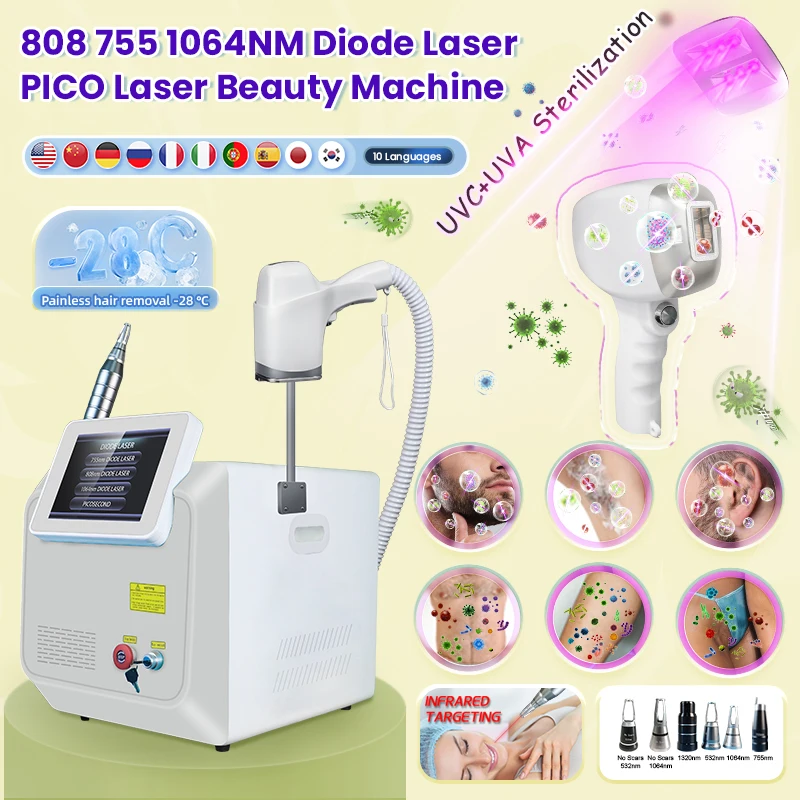 ADG Aotu UV Disinfection Diode Laser 4 Tips Handle Hair Removal Machine 3500W 2in1 Pico Laser Q-Switched pigment Tattoo Removal