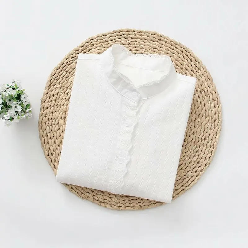 New Autumn Cotton White Shirts Women Lace Tops Girl Single Breasted Ruched Collar Casual Elegant Sweet Blouses Spring T39128QM