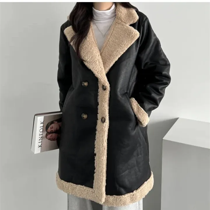 معطف شتوي نسائي من Thiened Fce مبطن متوسط الطول من الجلد Jaet بتصميم كوري أنيق من جلد eepskin طويل Sve #1