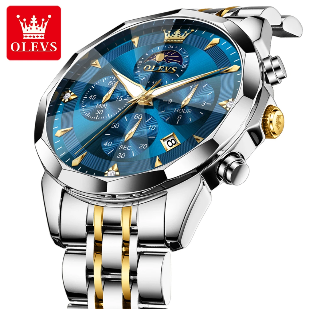 OLEVS 3673 Fashion Quartz Watch Gift Round-dial Stainless Steel Watchband Wristwatch Calendar Luminous Small second Timer