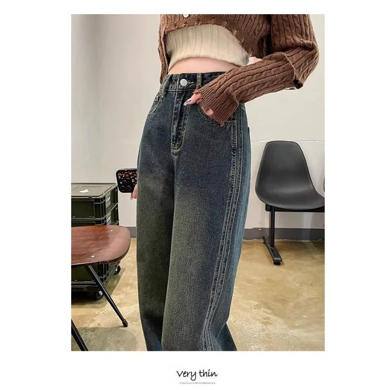 Nieuwe dames retro dikkere fluwelen wijde pijpen jeans herfst winter hoge taille rechte broek vrouwelijke casual denim broek