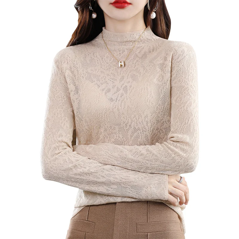 Autumn and Winter Women\'s 100% Wool Sweater Half-high Neck Pullover Lace Hollowed Out Casual Knitted Bottoming Warm Sweater