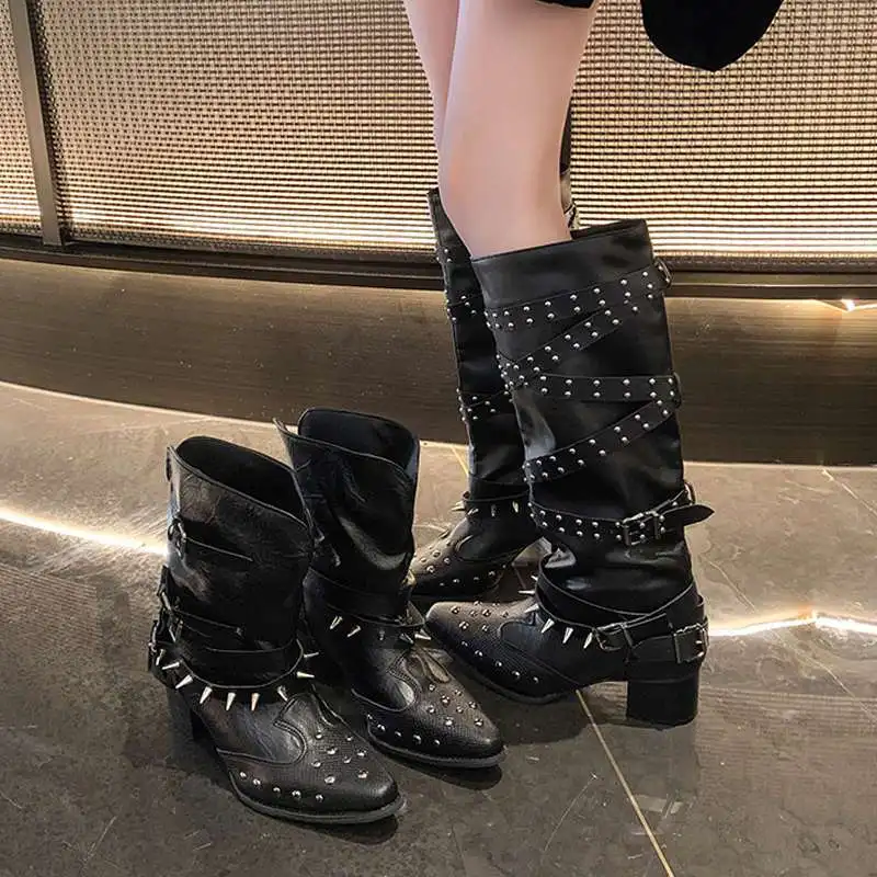 

Folded Western Women's 2025 Summer New Punk Pointed V-mouth Thin Thick Heel Black Niche Rivet Knight Short Boots