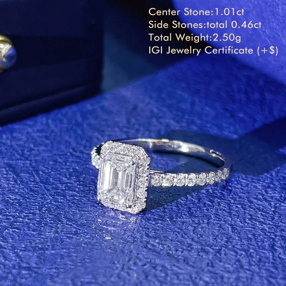 Emerald Cut Lab Created Diamond Ring Halo Style Lab Grown Diamond Ring 18K White Gold Half Eternity Engagement Ring For Women
