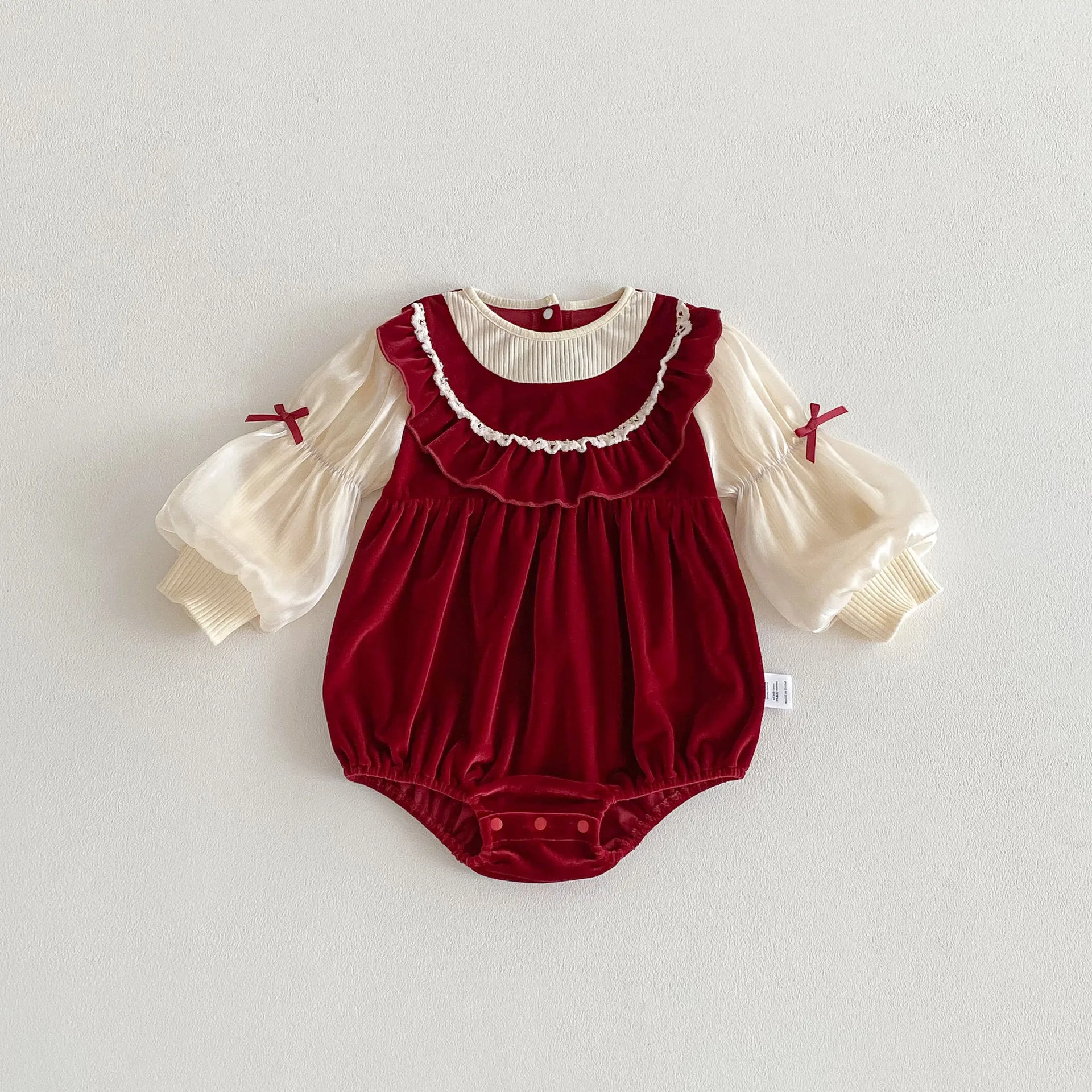 2026 Fall Elegant Korean 0-2Y Infant Romper Velvet Princess Dress Lace Trim Soft Baby Girl Bodysuit Birthday Celebration Outfit