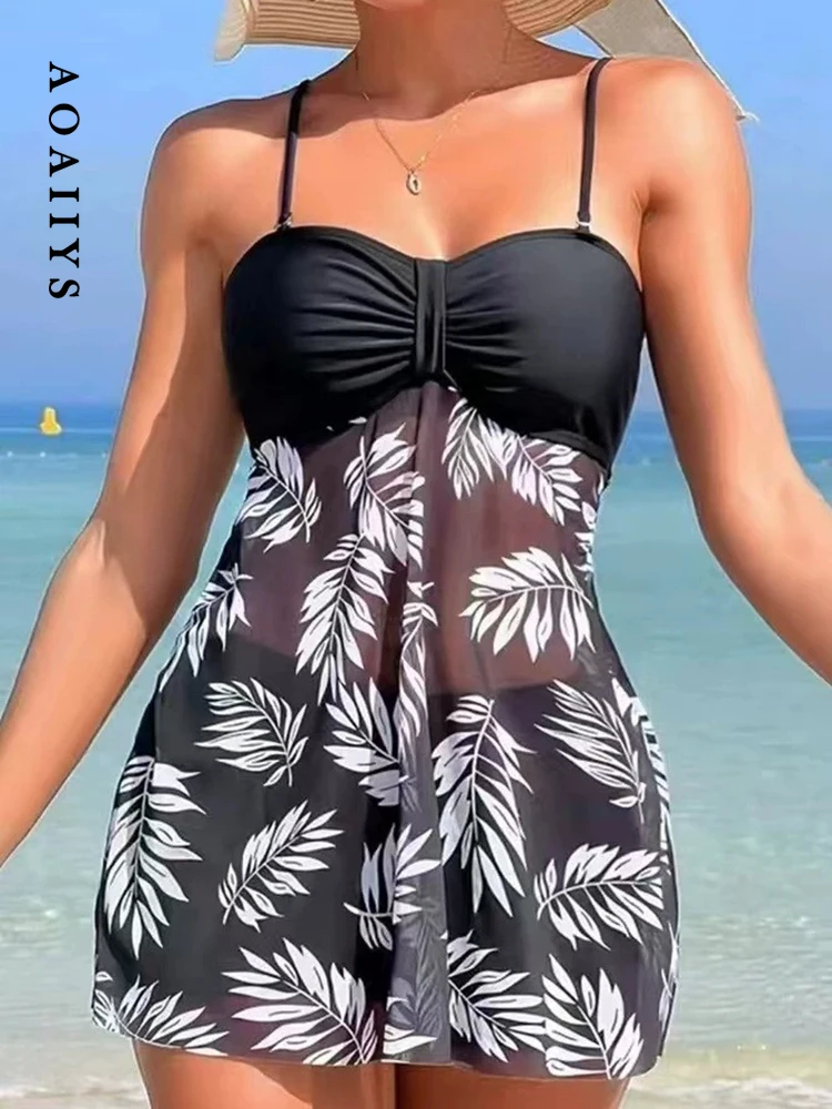 

Aoaiiys Floral Printed Swimwear Women High Waisted Swimsuit Two-Piece Spliced Mesh Female Bikini Set Bathing Fashion Beachwear