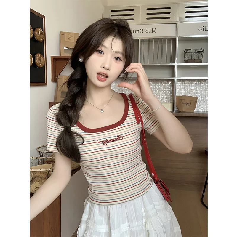 Retro American Color Block Stripe Square Neck Short Sleeve T Shirt Women Summer Slimming Sexy Short Style Small Top