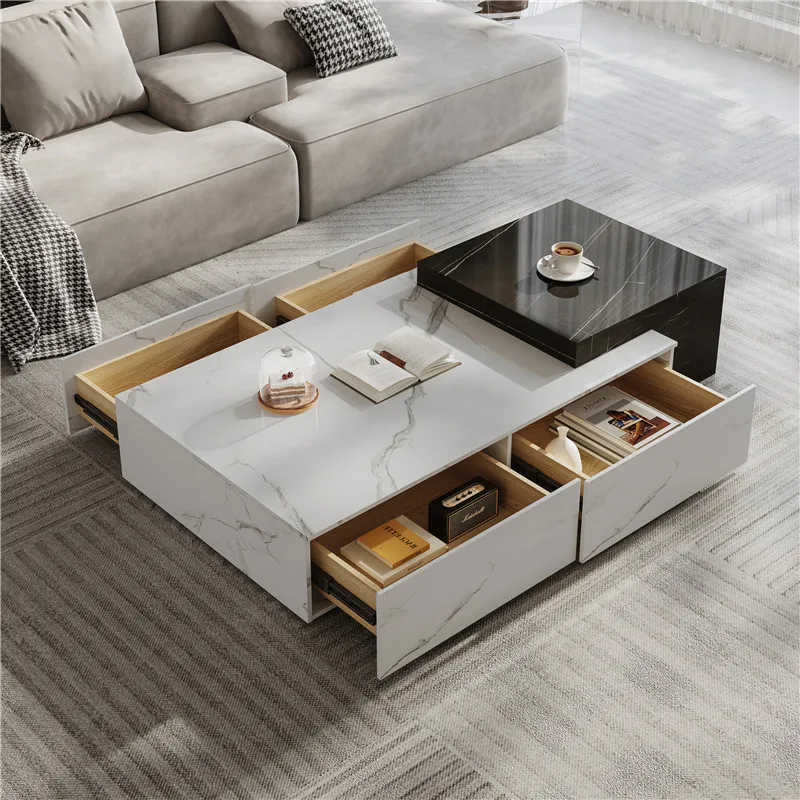 Italian minimalist full rock slab coffee table living room light luxury black and white contrasting color coffee table